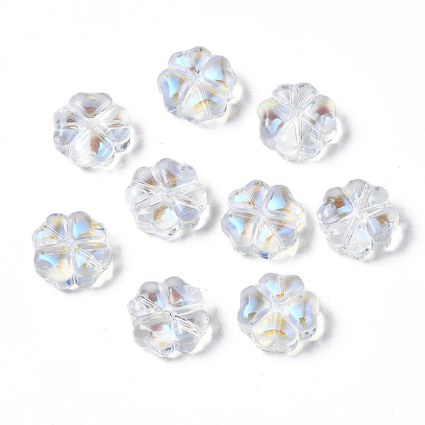 

PandaHall Transparent Glass Beads, AB Color Plated, Clover, Clear AB, 10x10x5mm, Hole: 1mm Glass Clover White