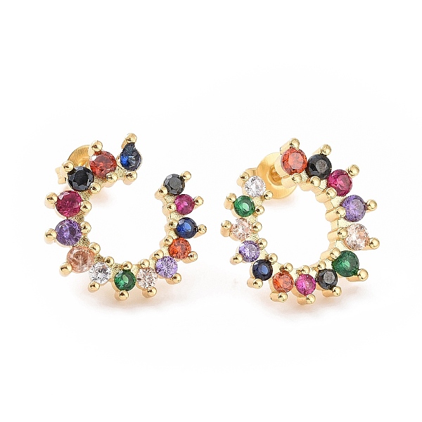 

PandaHall Golden Tone Brass Micro Pave Cubic Zirconia Stud Earring, Ring, Colorful, Colorful, 15x14mm, Pin: 1mm Cubic Zirconia