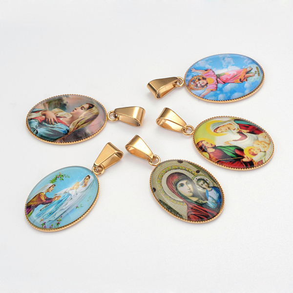 

PandaHall Virgin Mary Theme Glass Pendants, with 201 Stainless Steel Findings, Oval, Golden, Mixed Color, 29.5x18.5x5~6mm, Hole: 4x6mm..., Multicolor