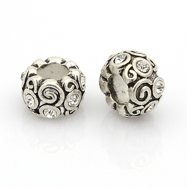 

PandaHall Vintage Zinc Alloy Rhinestone European Beads, Large Hole Beads, Rondelle Carved Vortex, Antique Silver,12x7mm, Hole: 5mm..., Clear