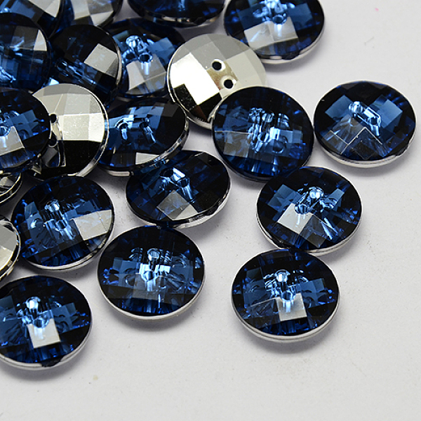 PandaHall Taiwan Acrylic Rhinestone Buttons, Faceted, 2-Hole, Disc, Marine Blue, 10x4mm, Hole: 1mm Acrylic Rhinestone Disc Blue