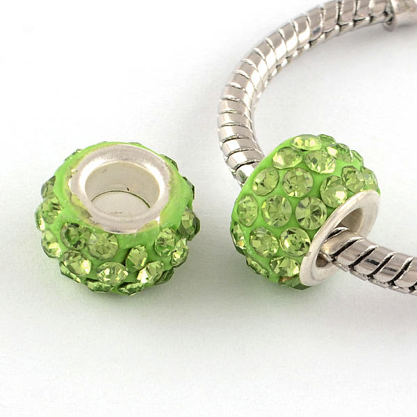 

PandaHall Polymer Clay Rhinestone European Large Hole Beads with Silver Color Plated Brass Cores, Rondelle, Peridot, 11~12x7~7.5mm, Hole..., Green