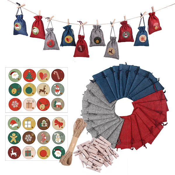 

PandaHall 24 Days Burlap Hanging Advent Calendars, DIY Xmas Countdown Christmas Decorations, with Stickers & Clips & Rope & 3 Colors Burlap..., Multicolor