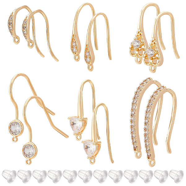 

PandaHall BENECREAT 12Pcs 6 Styles Brass Cubic Zirconia Earring Hooks, with Horizontal Loops, with 50Pcs Plastic Ear Nuts, Real 18K Gold..., Clear