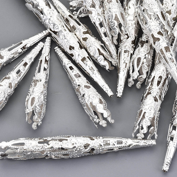 

PandaHall Bead Cones, Iron, Silver Color Plated, about 42mm long, 8mm wide, hole: 1mm Iron Silver