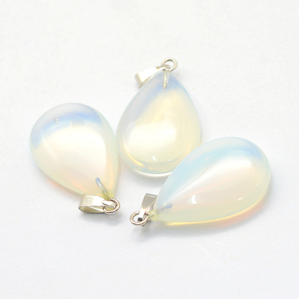 

PandaHall Teardrop Opalite Pendants, with Platinum Tone Brass Findings, 25~29x16~17x5~6mm, Hole: 2x7mm Opalite Teardrop