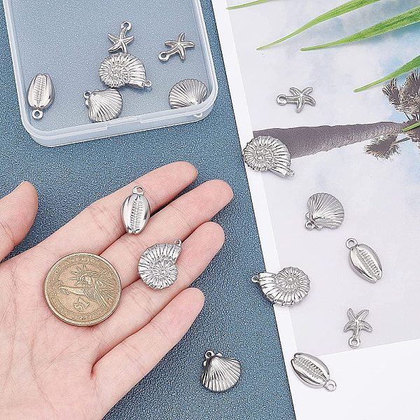 

PandaHall UNICRAFTALE 16pcs 4 Styles Cowrie Shell/Starfish/Shell Charms Stainless Steel Charm Metal Small Hole Pendants for Jewelry Making...
