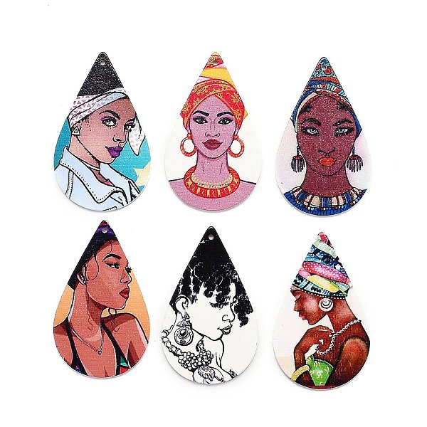 

PandaHall Printed Wooden Big Pendants, Dyed, Teardrop with Women, Mixed Color, 59x36x2.5mm, Hole: 1.5mm Wood Teardrop Multicolor