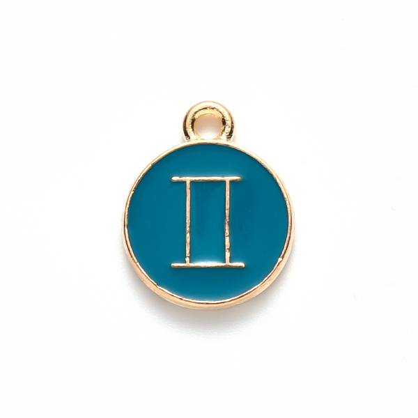 

PandaHall Alloy Enamel Pendants, Cadmium Free & Lead Free, Flat Round with Constellation, Light Gold, Dark Cyan, Gemini, 15x12x2mm, Hole...