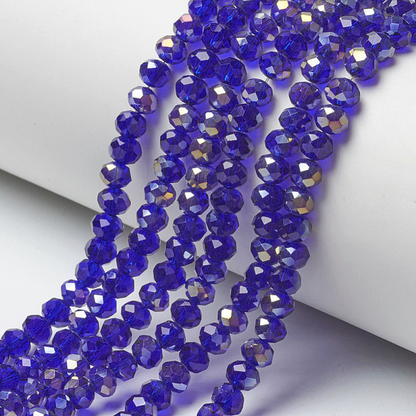 

PandaHall Electroplate Transparent Glass Beads Strands, Half Rainbow Plated, Faceted, Rondelle, Dark Blue, 6x5mm, Hole: 1mm, about...