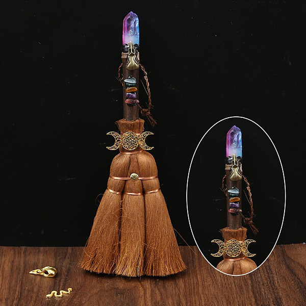 

PandaHall Wood Witch Broom with Synthetic Quartz Pendant Decorations, for Interior Car Mirror Hanging Decorations, 240~290mm Quartz