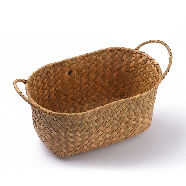 PandaHall Straw Braid Baskets, with Handles, for for Storage Plant Pot Basket and Laundry, Picnic and Grocery Basket, Oval, Dark Goldenrod...