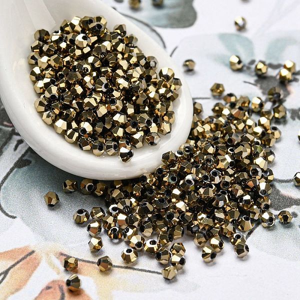 

PandaHall Full Plated Electroplate Glass Beads, Faceted Bicone, Dark Goldenrod, 2x2mm, Hole: 0.7mm, about 720pcs/bag Glass Bicone