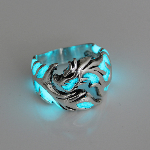 

PandaHall Luminous Alloy Dragon Open Cuff Ring, Glow In The Dark Chunky Ring for Men Women, Antique Silver, US Size 8(18.1mm) Alloy Cyan