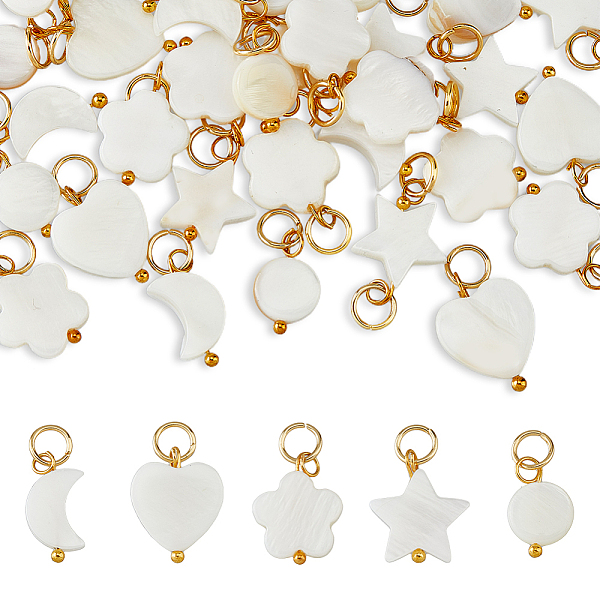 

PandaHall SUPERFINDINGS 40Pcs 5 Styles Natural Freshwater Shell Charms Moon Star Heart Pendants with Golden Tone Jump Ring White Shell...