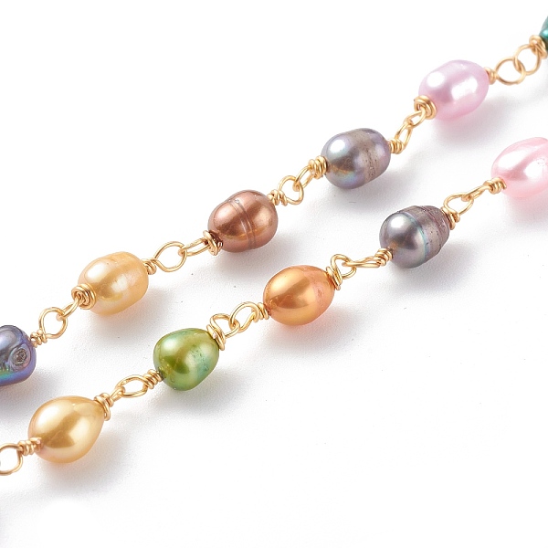

PandaHall 1 Strand Dyed Handmade Cultured Freshwater Rice Pearl Beaded Chains, with Copper Wire, Soldered, Real 18K Gold Plated...
