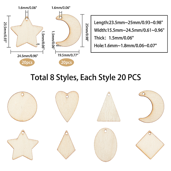 

PandaHall Unfinished Natural Poplar Wood Pendants, Laser Cut Wood Shapes, Undyed, Mix Shape, BurlyWood, 25x19.5x1.5mm, Hole: 1.6mm..., Orange