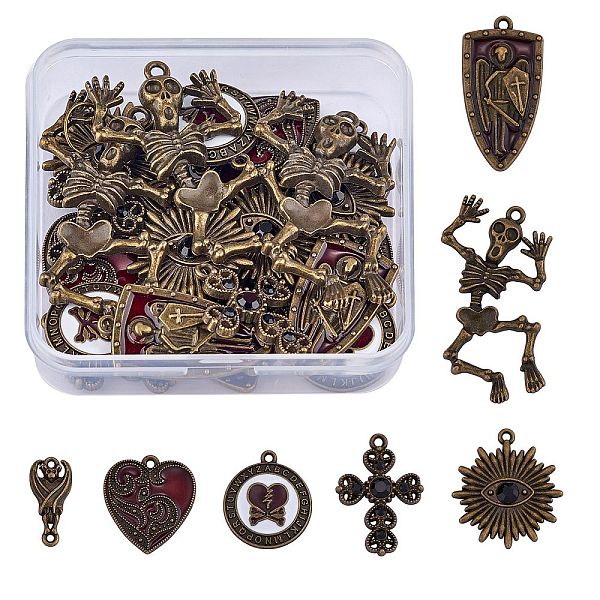 

PandaHall 28Pcs 7 Style Tibetan Style Rack Plating Alloy Pendants, Retro Charms, Bat, Skeleton, Shield, Cross, Heart & Flower, Antique...