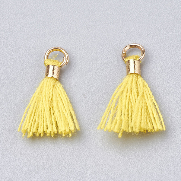 

PandaHall Polycotton(Polyester Cotton) Tassel Pendant Decorations, Mini Tassel, with Brass Findings, Light Gold, Yellow, 10~15x3~4mm, Hole...