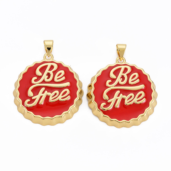 

PandaHall Brass Enamel Pendants, Cadmium Free & Nickel Free & Lead Free, Real 16K Gold Plated, Bottle Cap with Word Be Free, Red...