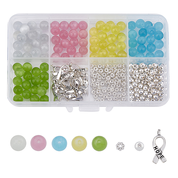 

PandaHall SUPERFINDINGS 245PCS DIY Jewelry Making Kit Alloy Ribbon with Word Hope Charms Cancer Awareness Pendants 5 Styles Round Cat Eye..., Multicolor