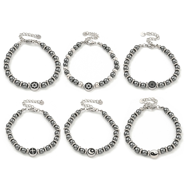 304 Bracciale Da Donna Con Perline Rotonde In Acciaio Inossidabile E Ematite Sintetica Non Magnetica