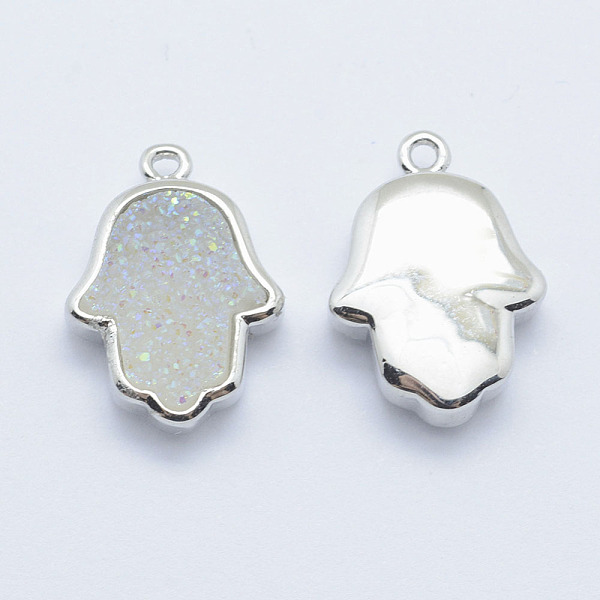 

PandaHall Druzy Resin Pendants, with Platinum Tone Brass Findings, Hamsa Hand, White, 18x13x4~6mm, Hole: 1.5mm Brass+Resin Palm White