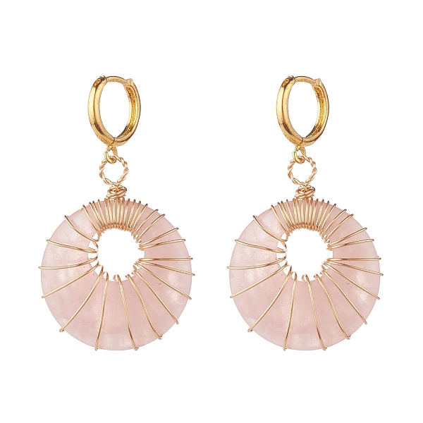 

PandaHall Donut Natural Rose Quartz Dangle Hoop Earrings, Wire Wrap Stone Drop Earrings for Women, Golden, 50mm, Pin: 0.9mm, Pendants..., Pink