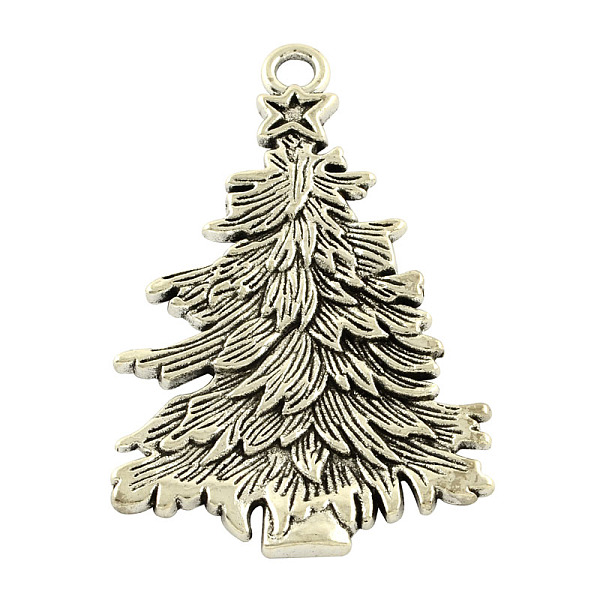 

PandaHall Tibetan Style Alloy Christmas Tree Big Pendants, Cadmium Free & Lead Free, Antique Silver, 67x42x3mm, Hole: 5mm Alloy Tree