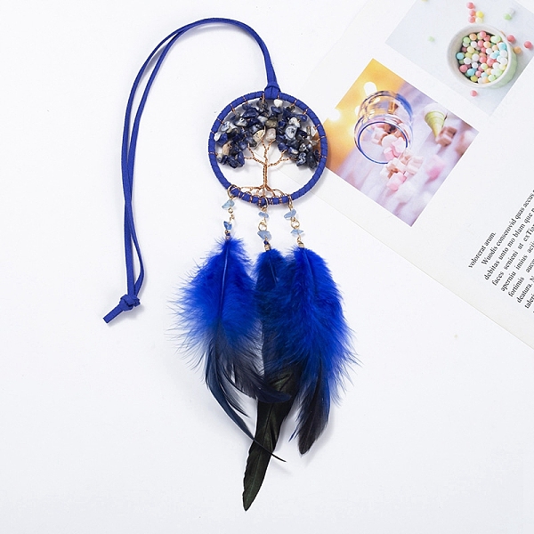 

PandaHall Flat Round with Tree of Life Natural Lapis Lazuli Chip Pendant Decoration, Woven Net/Web with Feather Car Hanging Decoration, Blue...