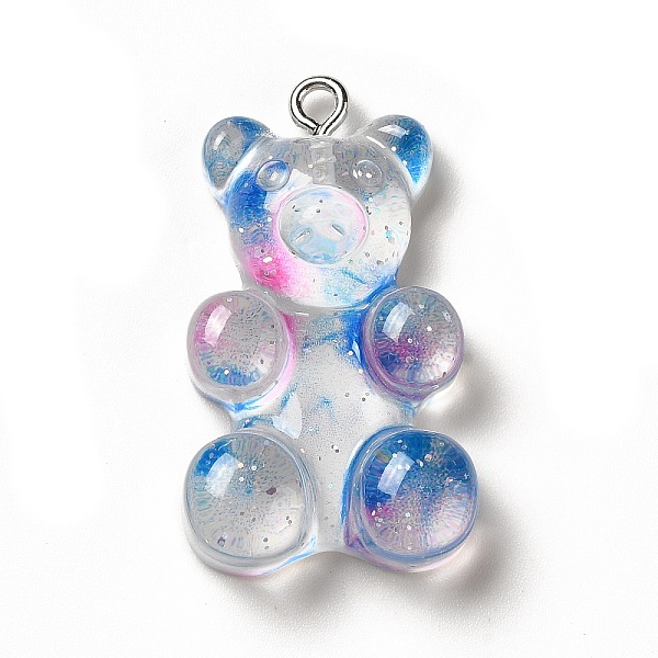 

PandaHall Translucent Resin Pendants, Glitter Bear Charms, with Platinum Tone Iron Loops, Blue, 32x19x8.5mm, Hole: 2mm Iron+Resin Bear Blue