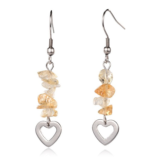 

PandaHall Heart Natural Citrine Dangle Earrings, with 304 Stainless Steel Earring Hooks, 52mm, Pin: 0.6mm Citrine Orange
