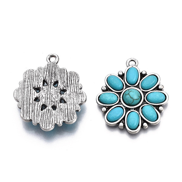 

PandaHall Synthetic Turquoise Pendants, with Antique Silver Tone Aolly Findings, Cadmium Free & Lead Free, Flower, Sky Blue, 27.5x24.5x4.5mm...