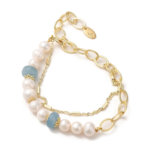 

PandaHall Natural Aquamarine & Pearl Beaded Bracelets, with Brass Chains, Real 14K Gold Plated, 5-7/8 inch(15cm) Aquamarine
