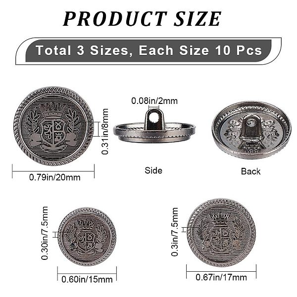 

PandaHall Gorgecraft 30Pcs 3 Style Alloy Shank Buttons, Flat Round with Crown Wheat Badge Pattern, Gunmetal, 20x8mm, Hole: 2mm, 10pcs/style...
