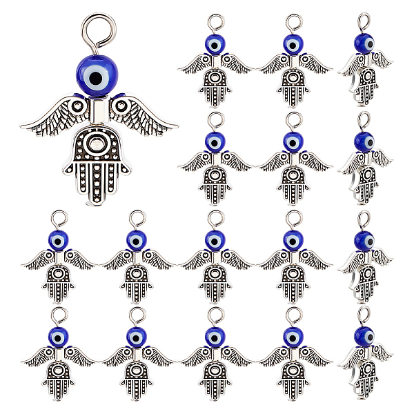 

PandaHall Tibetan Style Alloy Pendants, with Handmade Evil Eye Lampwork, Angel, Antique Silver, 27.5x22x4mm, Hole: 3mm, 30pcs/box..., Blue