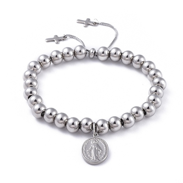 

PandaHall Adjustable 304 Stainless Steel Slider Bracelets, Bolo Bracelets, Cross & Oval with Virgin Mary, Stainless Steel Color, 10-3/8 inch...