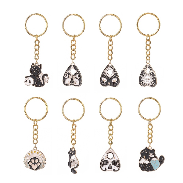 

PandaHall 8Pcs Divination Style Alloy Enamel Keychains, with Iron Split Key Rings, Heart & Cat, Mixed Shapes, 7.6~7.9cm Alloy Mixed Shapes