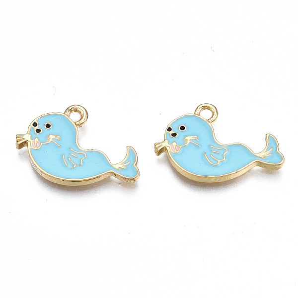 

PandaHall Alloy Enamel Pendants, Cadmium Free & Nickel Free & Lead Free, Light Gold, Fur Seal, Sky Blue, 13.5x20x1.5mm, Hole: 1.6mm...