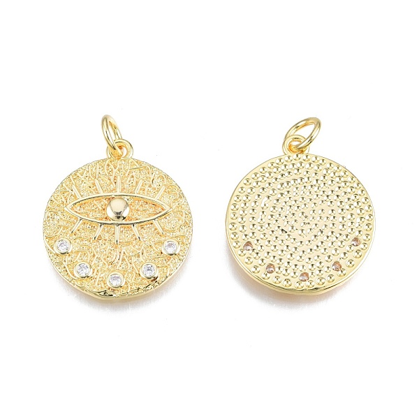 

PandaHall Brass Pave Cubic Zirconia Pendants, with Jump Rings, Nickel Free, Real 18K Gold Plated, Flat Round with Eye, Clear, 23x20x2mm...