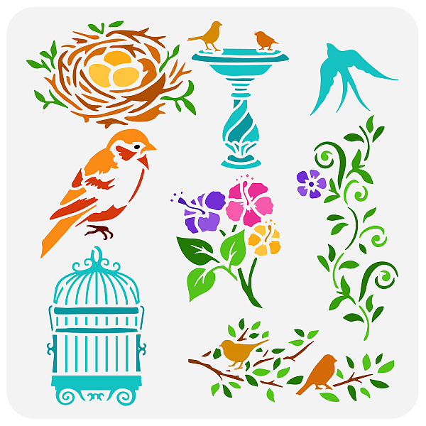 

PandaHall FINGERINSPIRE Birds Painting Stencil 11.8x11.8inch Reusable Bird's Cage Bird's Nest Painting Template Flower Plant Drawing Stencil...