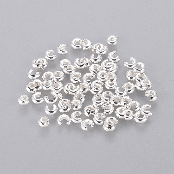 PandaHall Brass Crimp Beads Covers, Nickel Free, Silver Color Plated, Size: About 3mm In Diameter, Hole: 1.2~1.5mm Brass