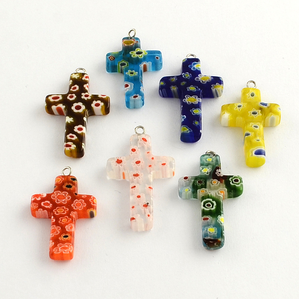 

PandaHall Handmade Millefiori Glass Pendants, with Platinum Plated Iron Findings, Cross, Mixed Color, 30~35x20~22x4mm, Hole: 1.5~2mm..., Multicolor
