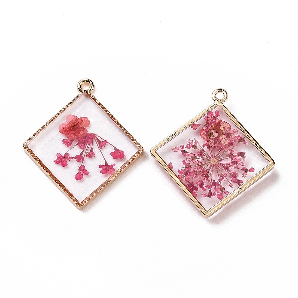

PandaHall Transparent Clear Epoxy Resin Pendants, with Edge Golden Plated Alloy Loops, Rhombus Charms with Inner Flower, Cerise, 30x26.5x3mm..., Red