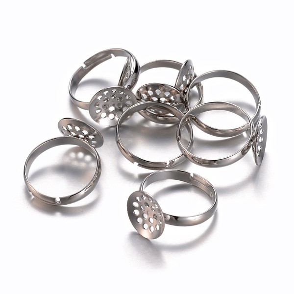 

PandaHall Brass Sieve Ring Bases, Lead Free, Cadmium Free and Nickel Free, Adjustable, Platinum Color, Size: Ring: 17mm inner diameter, Tray...