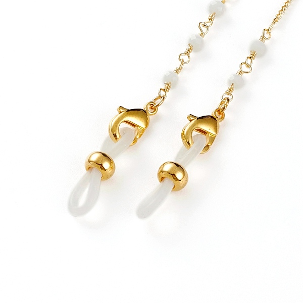 

PandaHall Eyeglasses Chains, Neck Strap for Eyeglasses, with Faceted Round Glass Beads, Brass Lobster Claw Clasps and Rubber Loop Ends, Real..., White