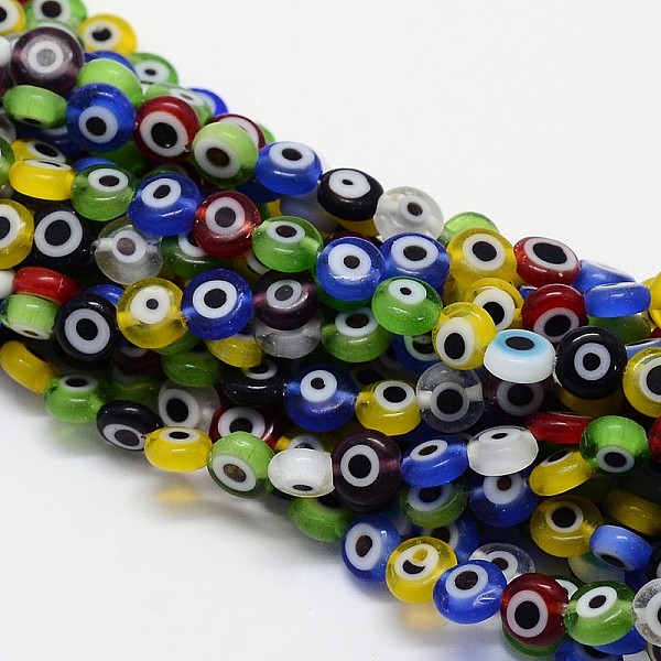 

PandaHall Handmade Evil Eye Lampwork Flat Round Bead Strands, Mixed Color, 6x3mm, Hole: 1mm, about 65pcs/strand, 14 inch Lampwork Evil Eye..., Multicolor