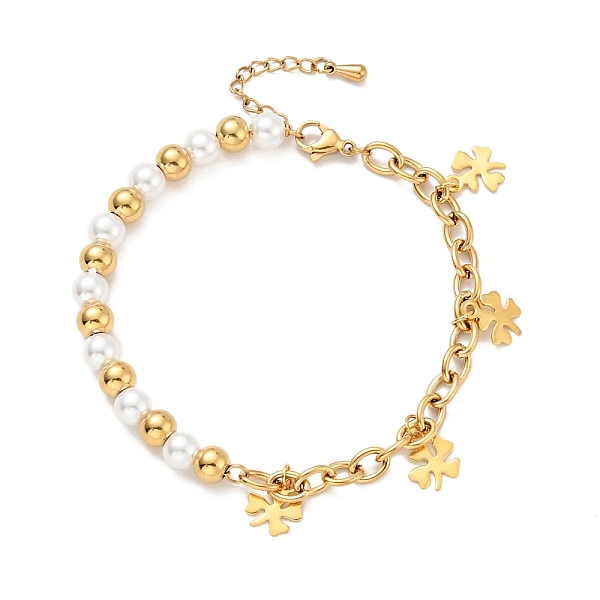 

PandaHall 201 Stainless Steel Clover Charm Bracelet, Plastic Pearl Beaded Bracelet with Vacuum Plating 304 Stainless Steel Cable Chains for..., White