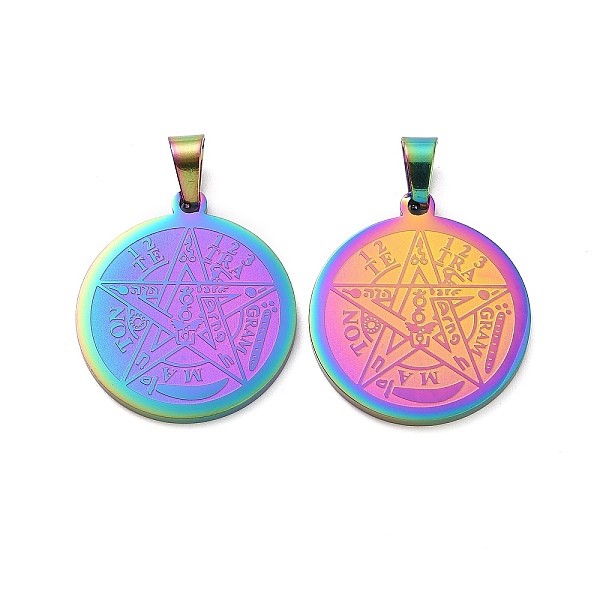 

PandaHall Religion 304 Stainless Steel Flat Round, Tetragrammaton Pentagram Wiccan Pendant, Rainbow Color, 27x24x2mm, Hole: 8x4mm 304...