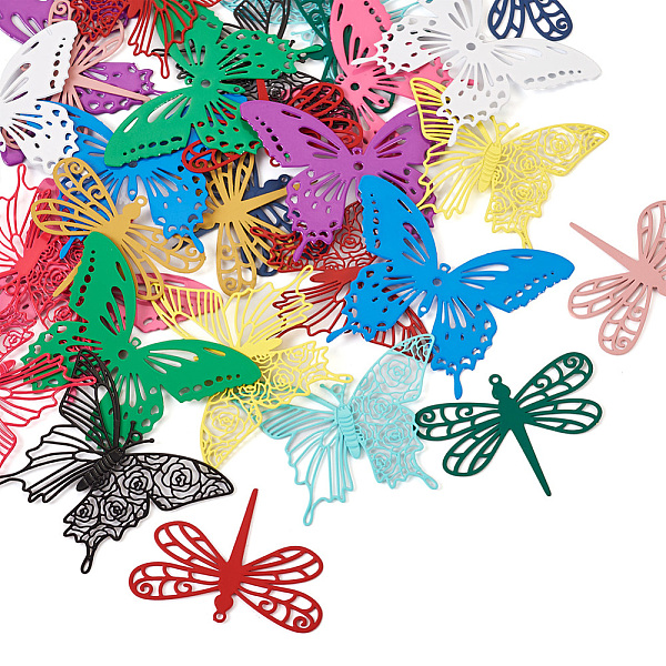 

PandaHall 30Pcs 15 Style Spray Painted 430 Stainless Steel Pendants, Etched Metal Embellishments, Butterfly & Dragonfly, Mixed Color..., Multicolor